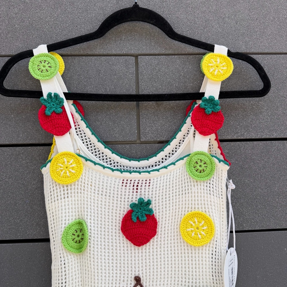 STAUD White Knit Mini Dress with Red, Yellow & Green Fruit Appliqués - Picture 6 of 7